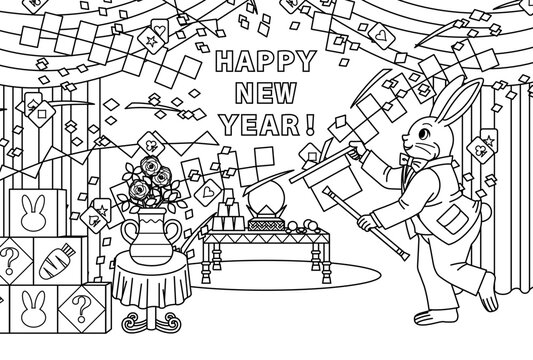 卯年イラスト年賀状デザイン「うさぎマジシャン（ぬりえ線画）」HAPPY NEW YEAR（Year of the rabbit illustration new year's card greeting post card design line art）