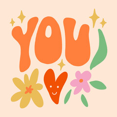 Love heart groovy hippie psychedelic lettering text. Hippy doodle typography print, summer poster. 70s retro festival inspiration, positive kind motivational phrase. Perfect for modern trendy home