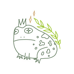 Groovy hippie princess frog or toad vector and jpg printable image, unique boho clipart illustration, goblincore, witchcore, fairycore trendy aesthetic style. Perfect for poster or postcard template