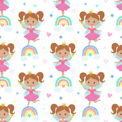 Vector seamless pattern with a princess, rainbow, stars and other elements. Fairy with a magic wand children's illustration. Cartoon fairy pattern for kids, girls. Wallpaper, packaging, design.