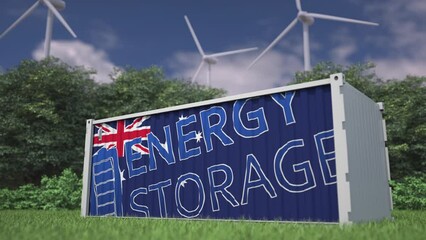 Flag of Australia and ENERGY STORAGE text on a battery container at wind turbines, 3d animation - Powered by Adobe
