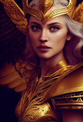  a blonde beautiful valkyrie woman wearing gold and silver battle armor AI Generated