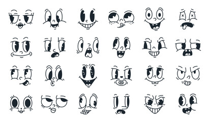 Comic funny faces, retro caricature emoji characters. Cartoon 30s vintage face with eyes and mouths, happy smiling mascots flat vector illustration set. Doodle comic book smile faces bundle