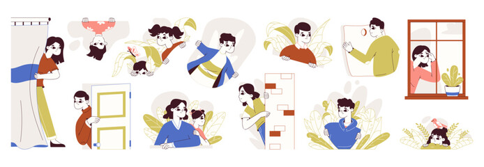Fototapeta premium Spying curious people, hiding man and woman peeping. Characters monitoring and observing around flat vector illustration set. Looking out, searching person collection