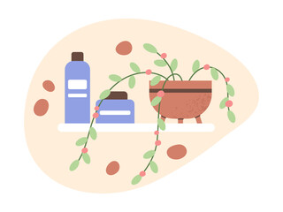 Beauty skincare products, bathroom cosmetic shelf. Cartoon skin care organic soap or lotion, shampoo tubes and potted plant flat vector symbols illustrations. Washroom decor elements