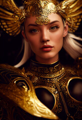  a blonde beautiful valkyrie woman wearing gold and silver battle armor AI Generated