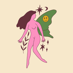 Hippie groovy celestial fairy girl or elf vector clipart illustration, boho sacred magic woman, freedom mystical symbol. Modern abstract silhouette. 
