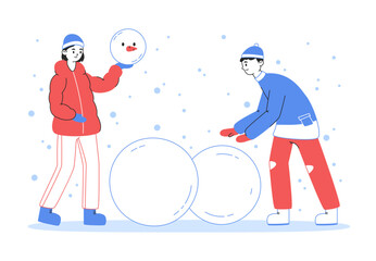 Fototapeta premium People making snowman, winter outdoor recreation. Kids winter holidays leisure activity, cartoon characters building snowman flat background illustration. Children playing outdoors