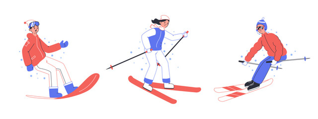Fototapeta na wymiar People skiing and snowboarding, winter sport activities. Snow winter sports, linear characters doing winter outdoor activities flat vector symbols illustrations. Winter sports collection