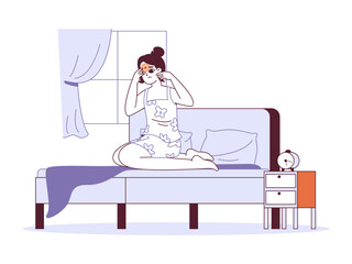 Woman suffering from headache, sick female patient at home. Girl with pain and illness, unhappy lady in bed flat vector illustration set. Linear sick character