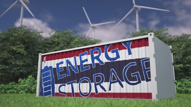 Flag of Thailand and ENERGY STORAGE text on a battery container at wind turbines, 3d animation