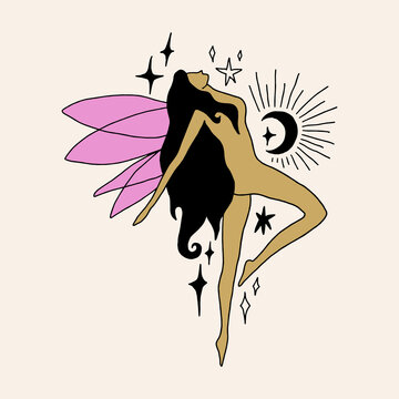 Divine celestial fairy or elf vector clipart illustration, boho sacred magic woman, freedom mystical symbol. Flat holistic healing meditation Reiki New Age concept. Modern abstract silhouette. Hippie