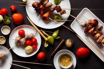 Naklejka na ściany i meble Wooden Skewers Of Chicken Pieces And Vegetables Flatlay
