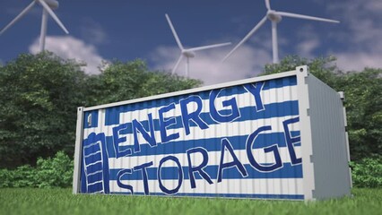 Battery with flag of Greece and ENERGY STORAGE text at wind generators. Renewable power concept. 3d animation - Powered by Adobe