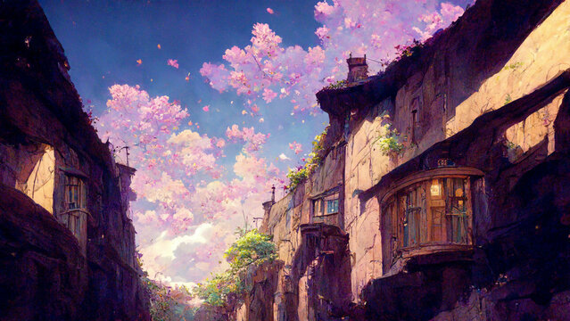 Small Japanese Village Built Into Ravine Walls with Sakura Petal Clouds - Detailed Version