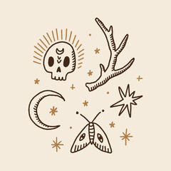 Witchcore cartoon aesthetic spooky Halloween hand drawn doodles set, vector symbols. Perfect for party decor, flash tattoo and more. Funky groovy engraving vintage style.