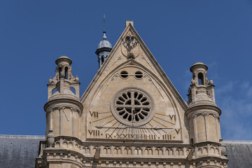 Architectural fragments of Paris Saint-Eustache church (Eglise Saint Eustache, 1532 - 1637). Saint-Eustache church located in Les Halles area of Paris. UNESCO World Heritage Site. Paris, France.