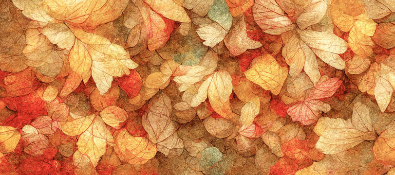 Spectacular autumnal background of yellow leaf on the ground during fall season. Digital art 3D illustration.