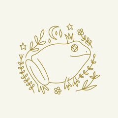 Groovy hippie princess frog or toad vector and jpg printable image, unique boho clipart illustration, goblincore, witchcore, fairycore trendy aesthetic style. Perfect for poster or postcard template