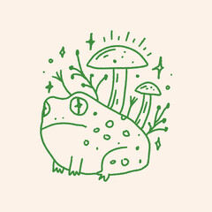 Groovy mushroom hippie frog or toad and mushroom vector and jpg printable image, unique boho clipart illustration, goblincore, witchcore, fairycore trendy aesthetic style. Perfect for poster or