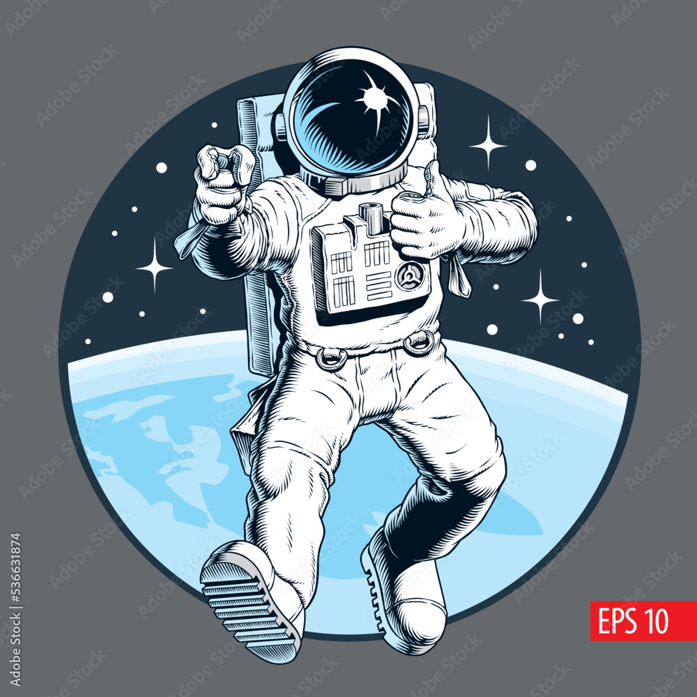 Wall mural astronaut in outer space shows thumb up and pointing gestures. friendly space tourist. vector illust