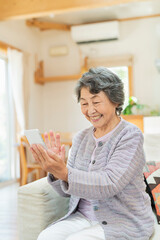 自宅で孫とテレビ電話をするシニア女性