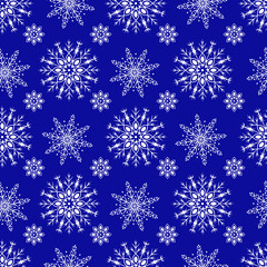 Vector pattern with snowflakes on a blue background. Seamless pattern for New Year and Christmas. Suitable for background and wrapping paper, fabric in winter version. Vintage decorative elements.