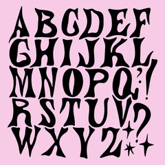 Hippie bohemian groovy postmodern funky font alphabet 1960s boho psychedelic style. Perfect for posters, collages, clothing, music albums and more. Vector clipart illustrations, isolated letters.