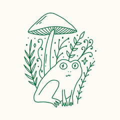 Groovy mushroom hippie frog or toad and mushroom vector and jpg printable image, unique boho clipart illustration, goblincore, witchcore, fairycore trendy aesthetic style. Perfect for poster or