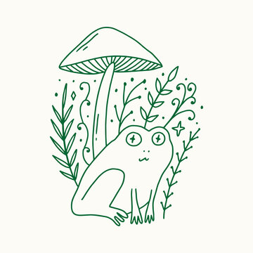 Groovy mushroom hippie frog or toad and mushroom vector and jpg printable image, unique boho clipart illustration, goblincore, witchcore, fairycore trendy aesthetic style. Perfect for poster or