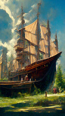 Giant Caravel Ship on Land in a Forest Clearing