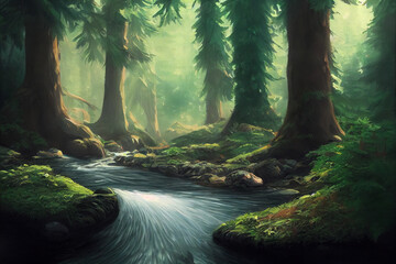 Beautiful forest illustration with water