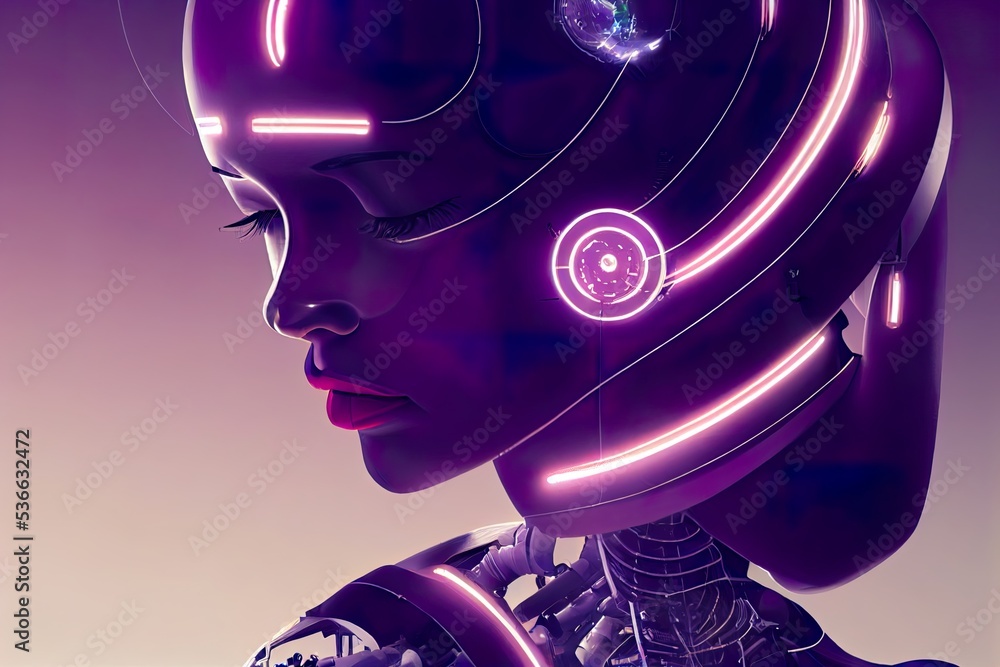 Poster woman cyborg or robot with ai knelt down on futuristic platform in cyberspace. artificial intelligen