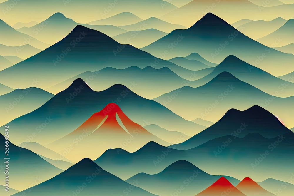 Poster abstract landscape with japanese wave pattern 2d. nature art background with mountain forest templat