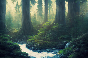 Obraz premium Beautiful forest illustration with water