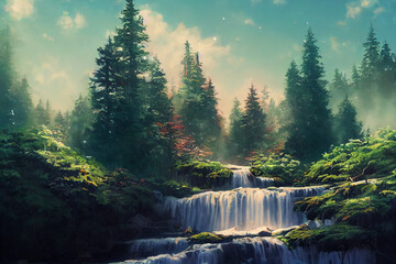 Beautiful forest illustration with water