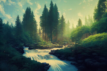 Beautiful forest illustration with water