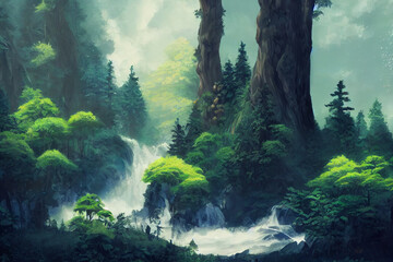Beautiful forest illustration with water