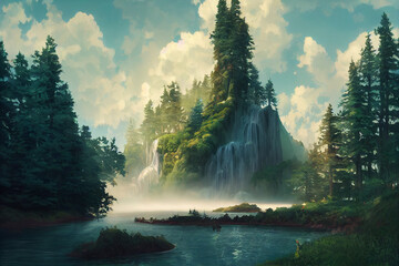 Beautiful forest illustration with water