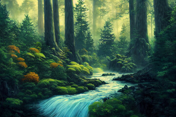 Obraz premium Beautiful forest illustration with water