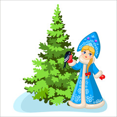 Snow Maiden and Christmas tree with toys in traditional Russian style. New Year vector set for the New Year's card, postcards, stickers