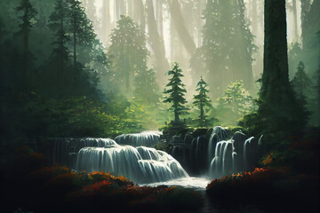 Beautiful forest illustration with water
