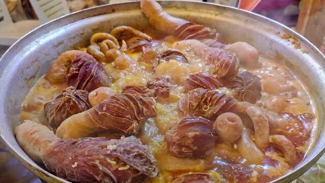 Chef Checks Traditional Street Flavor Meat Giblets Cooking in Pot Sirdan Footage.