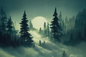 Forest filled with mist illustration