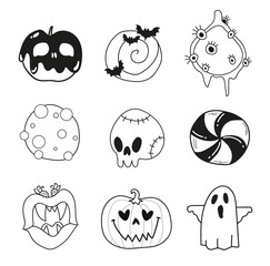 Fototapeta premium Halloween icons set for web, mobile, decoration, kids celebration, party, invitation, labels for drink o food, coloring page. Outline Vector Icons. Halloween cute candy, sweets, trick o treat. 