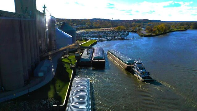 Grain Barges on Mississippi River drone footage