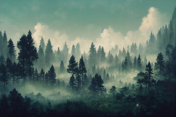 Forest filled with mist illustration