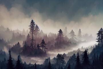 Forest filled with mist illustration