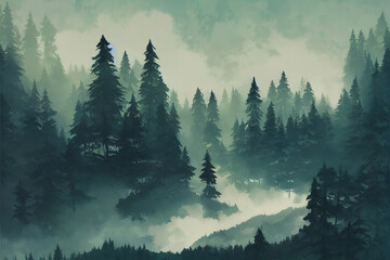 Forest filled with mist illustration