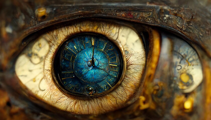 Fototapeta na wymiar Eye of time. Clock - eye. The eye of an ancient animal. Imagination picture, time - clocks concept. AI illustration, 16:9. Fantasy painting, digital art, artificial intelligence artwork 
